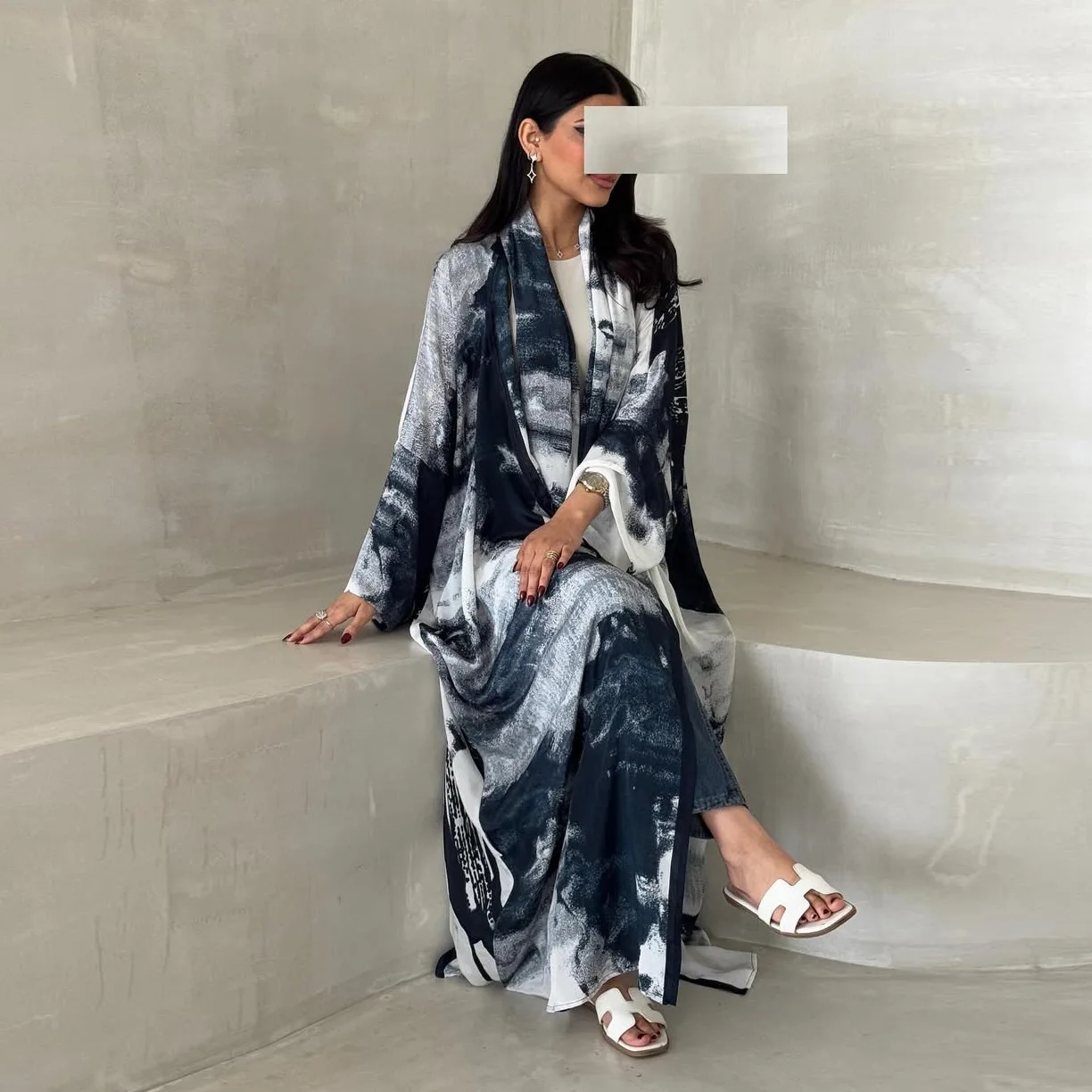 UNI Donna Stampa Abaya Sciarpa Abito Cadigan Abaya Dubai Eid Festa musulmana Jalabiya Ramadan Marocco Caftano Abiti Largo Abito arabo