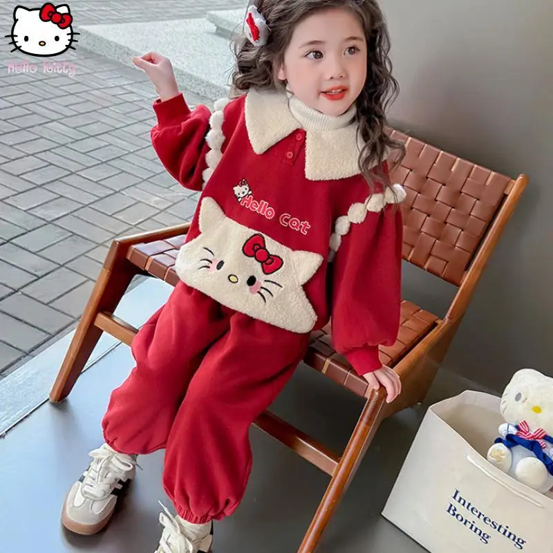 

New Girls Cartoon Warm Cat Sweatshirt Pants Suit Kawaii Autumn and Winter Anime Fashionable Jacket Thickened Tops Two Piece Set