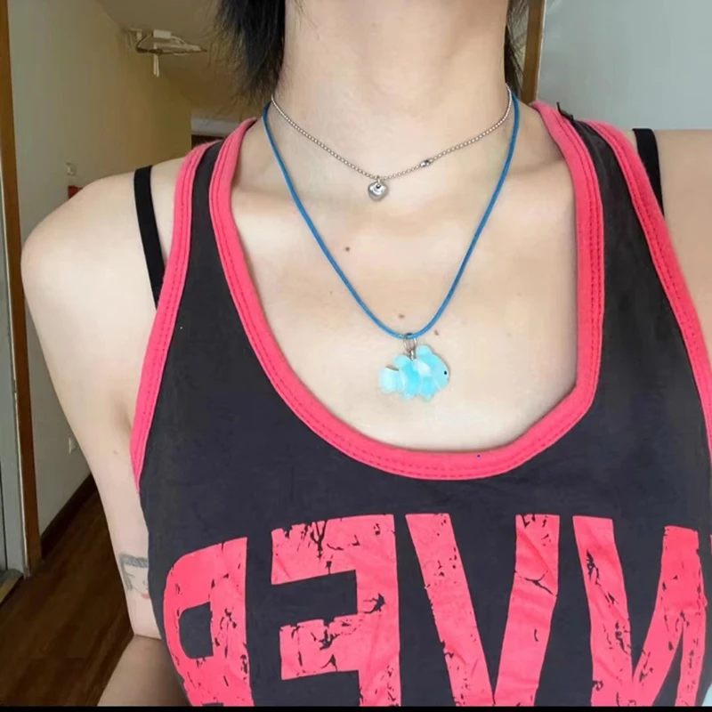 Koreanische Art Mode Cartoon Goldfisch Anhänger Halskette Seil Kette niedlichen Meeres tier Halskette für Frauen Schmuck Zubehör