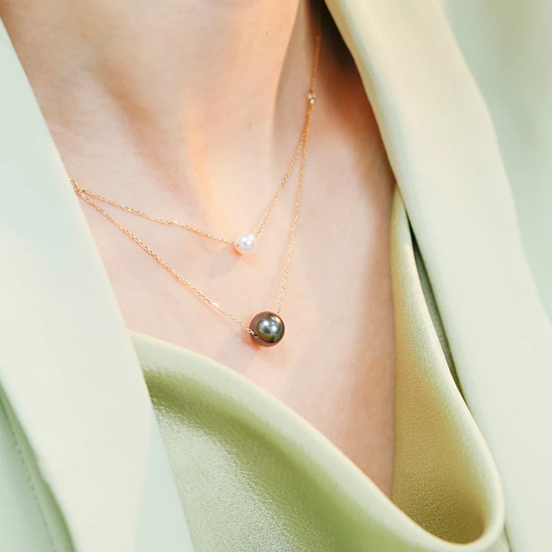 XF800  Fine Jewelry Real18K Gold Natural Tahitian Black Necklace Pendnat Au750  Double Layer  Trendy Gift For Women X543