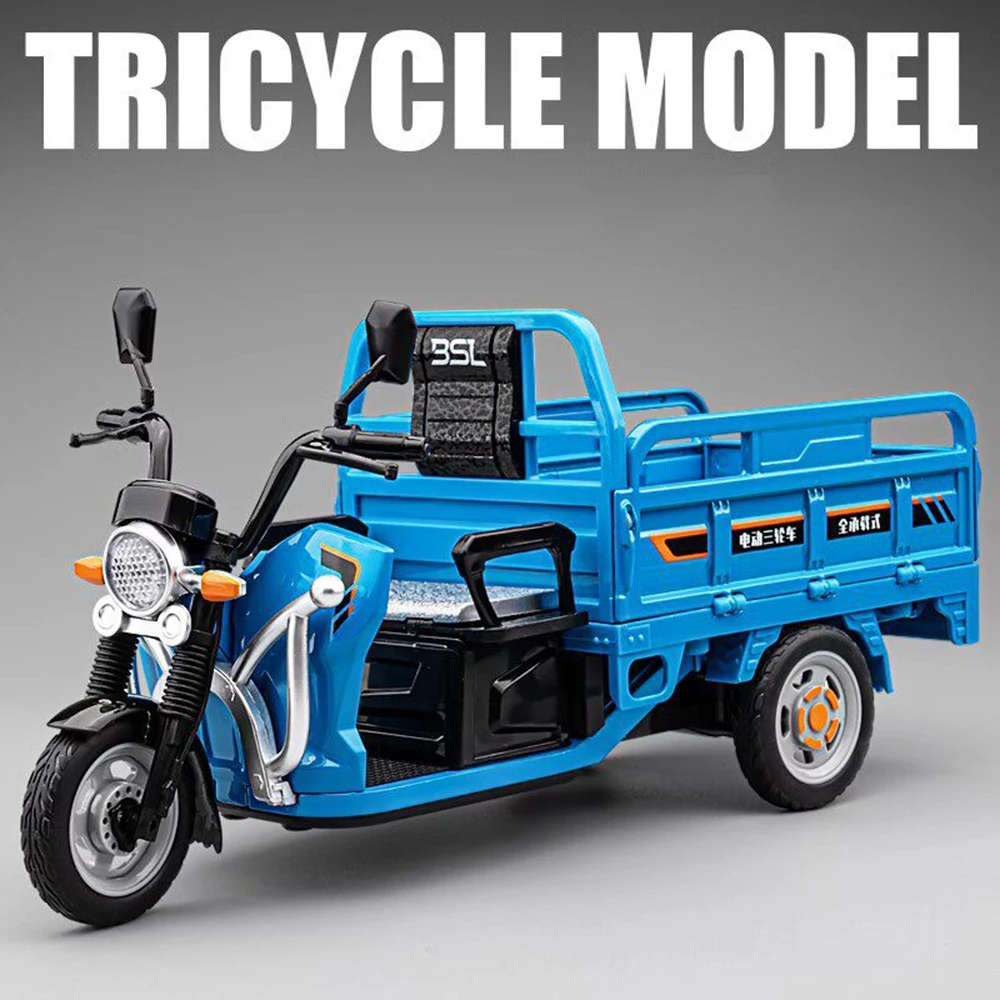 

1:12 Scale Tricycle Models Car Toys Alloy Diecast Motorcycle Metal Body Rubber Tires Pull Back Vehice Gifts Interactive Ornament