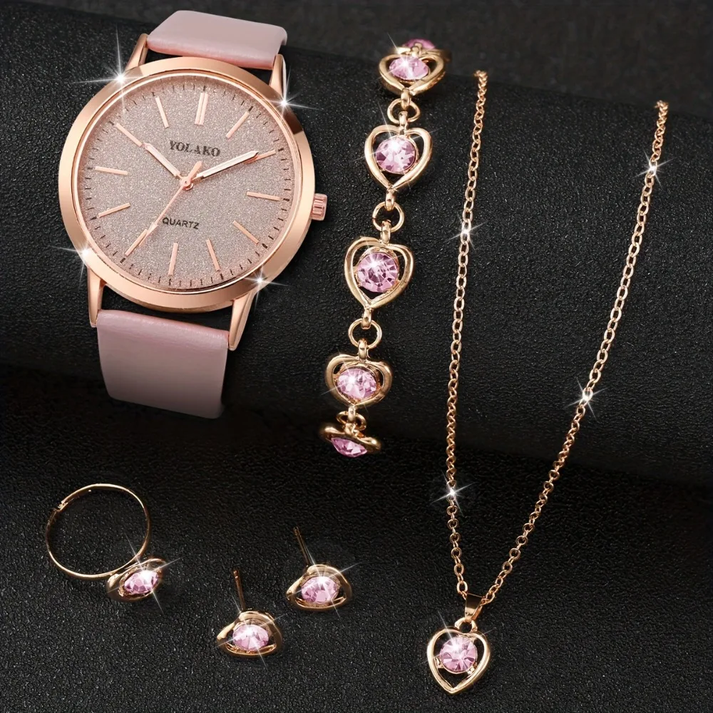6pcs Women's PU Leather Watch & Jewelry Set - Quartz Analog Watch with Matching Bracelet, Necklace, Earrings, Ring & Pendant