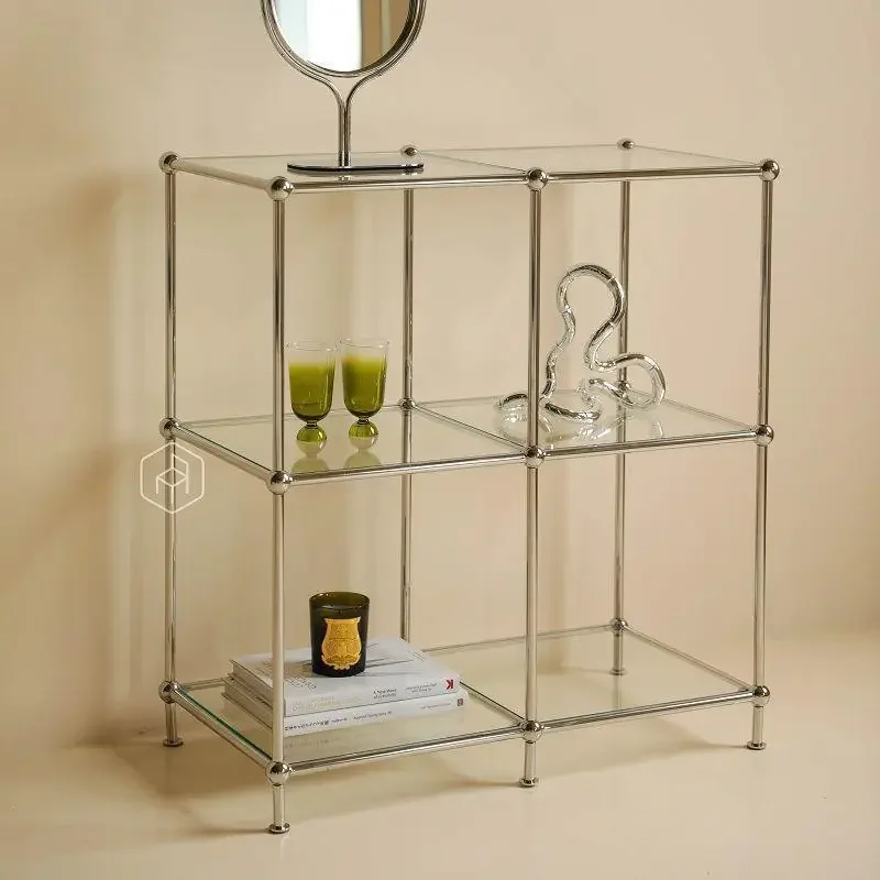 Modular Stainless Steel Multi-layer Side Cabinet Versatile Glass Shelf Collection Display Storage