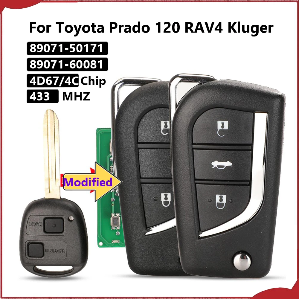 Jingyuqin New 50171 Modified Flip Remote Key 433MHz 4D67/4C For Toyota Prado 120 RAV4 Kluger Previa FJ Land Cruiser 100