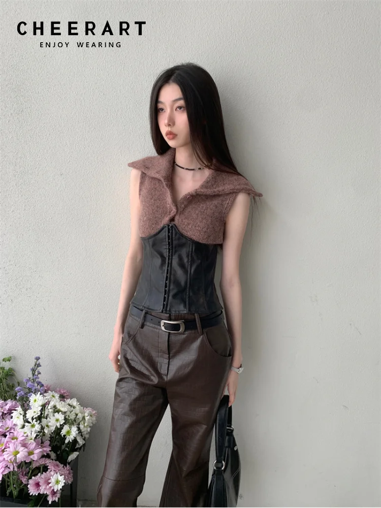 CHEERART Brown Leather Patchowrk Cardigan Sweaters For Women 2023 Designer Sleeveless Knit Top Spring Clothes