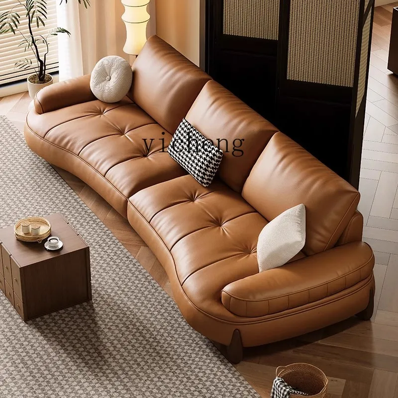 n2 Genuine Leather Living Room Sofa for Small and Large Apartments, Curved Solid Wood Sofa