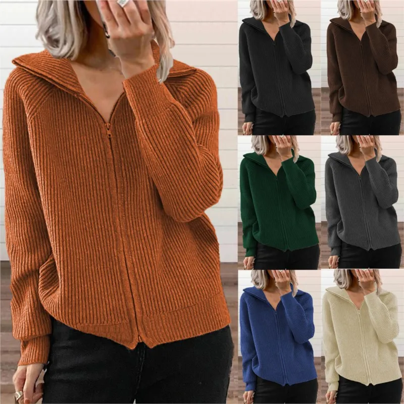 

Fashionable knitted lapel long sleeved zipper solid color cardigan jacket for autumn winter women's casual and versatile jacket