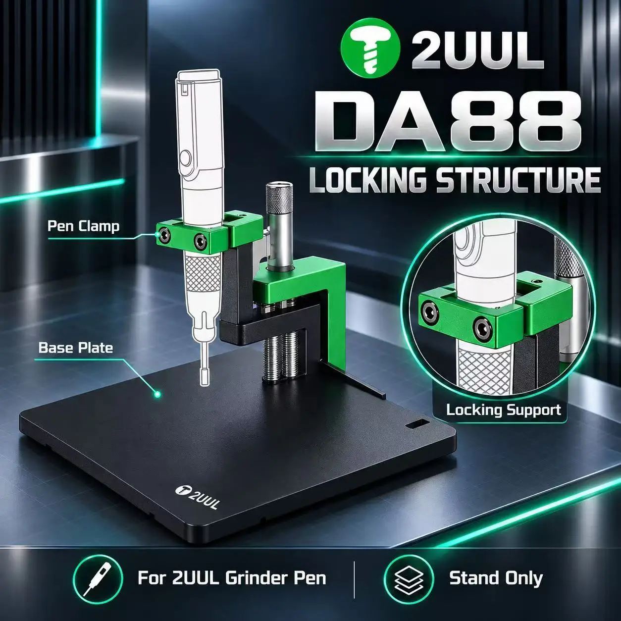 2UUL DA88 Grinding Pen Locking Base Adjustable Height Sturdy Metal Holder Stable Fixation for PCB Grinding & Phone Repair