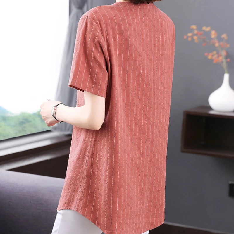 Woman Elegant Blouses Summer Short Sleeve T-Shirt Cotton V-Neck Pullover Button Solid Loose Fashion Casual Striped Tops
