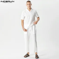 2023 Men Sets Solid Summer Korean Lapel Short Sleeve Shirt & Drawstring Pants 2PCS Streetwear Men's Casual Suits S-5XL INCERUN