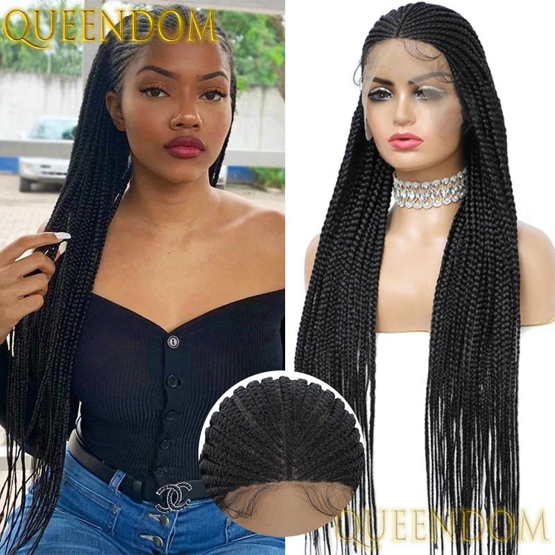 13×8 Box Braid Wig Synthetic Lace Front Crochet Braids Goddess Wig For Black Women 36 Inch Distressed Cornrow Plaits Braided Wig