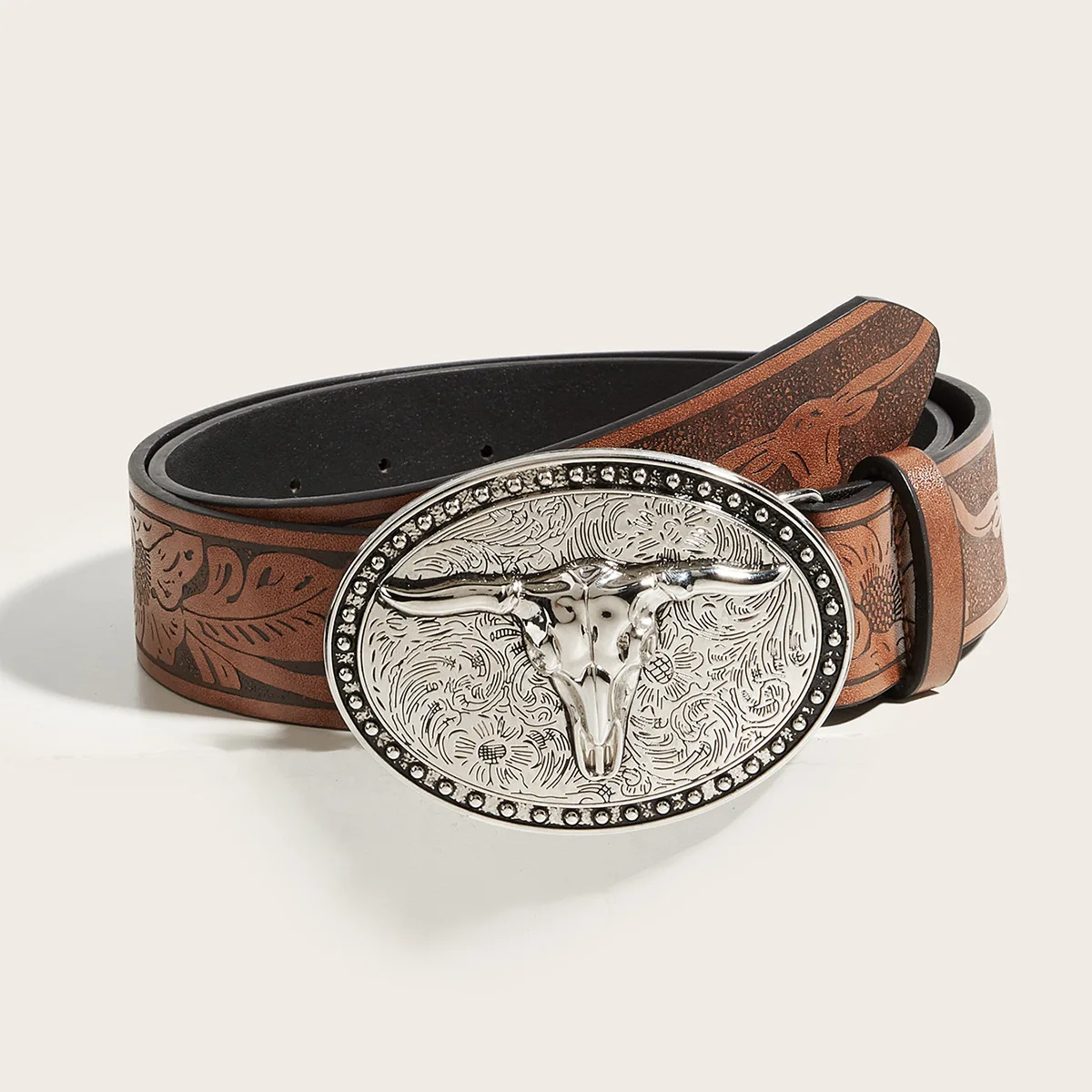 American Y2 Western Cowboy Retro Fashion Horsehead Buckle Trendy Personality PU Belt Embossed Leather Accessories