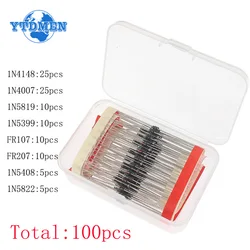 100PCS 8 Value Rectifier Diode Kit 1N4007 1N4148 1N5819 1N5399 1N5408 1N5822 FR107 FR207 Fast Switching Diodes