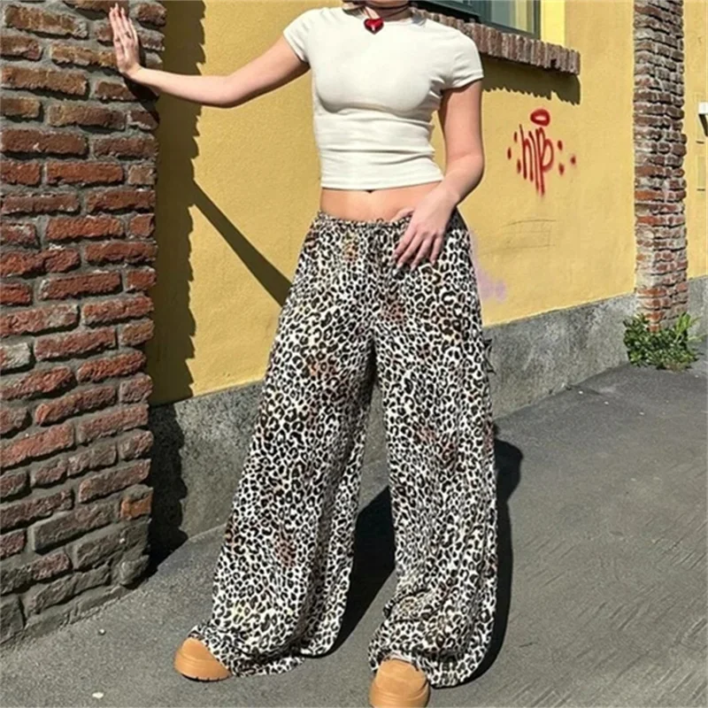 Women Y2k Vintage Leopard Print Wide-leg Pants Casual High-waisted Trousers Fashion New Pants 2024 Summer Streetwear