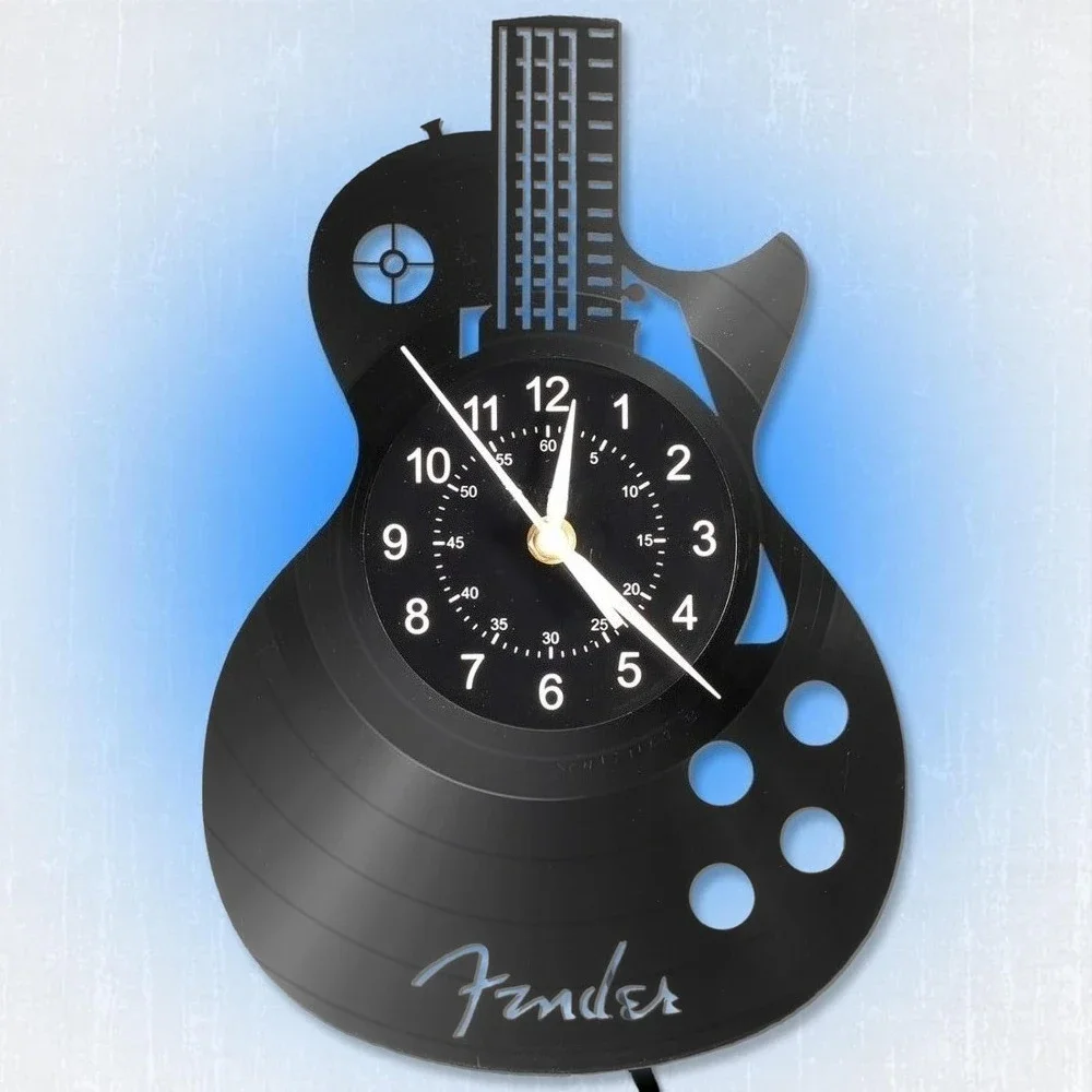 Guitar Vinyl Record Wall Clock ，Home Decor Guitar Instrument Art LED Color Night Light Clock， Musician Guitarist Gift Wall Watch