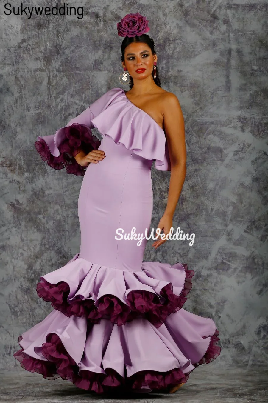 Lavender Purple Spanish Flamenco Mermaid Prom Dresses One Shoulder Tiered Retro Palace Dress for Women Formal Party Gowns