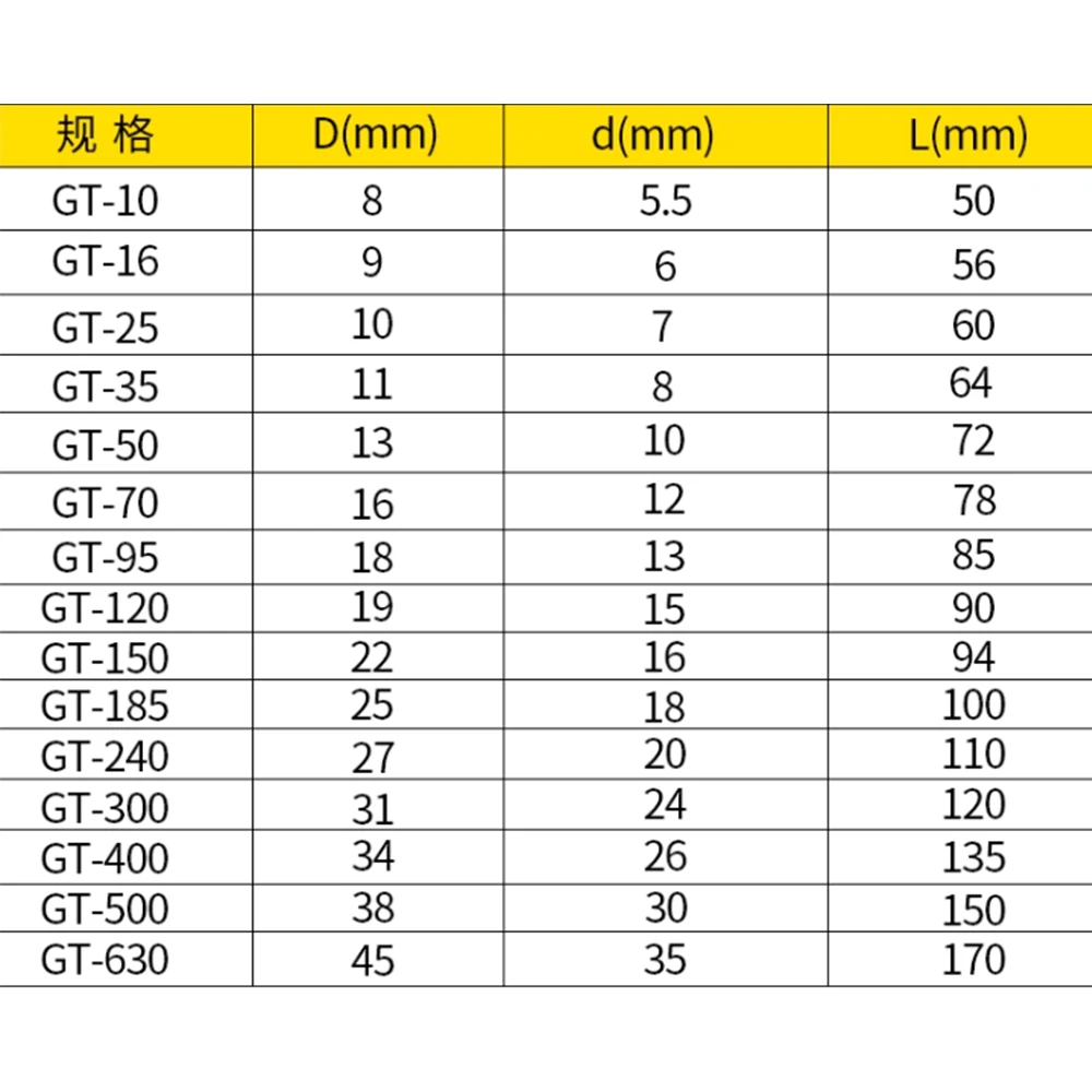 1-6Pcs GT-10 16 25 35 70-300mm2 Copper Connecting Pipe Wire Joint Copper Tube Terminal Cable Lug Connection Tube Wire Connector
