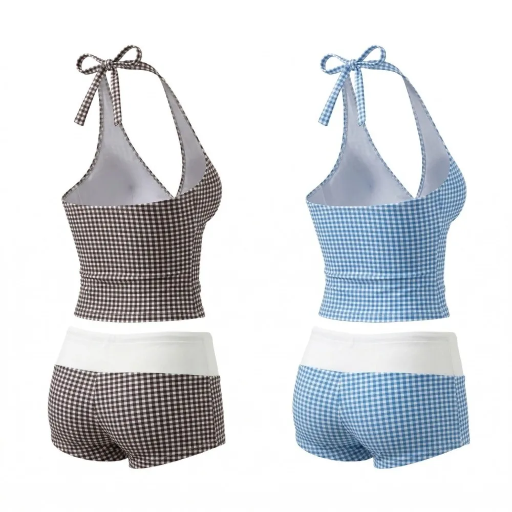 Stylish Halter Neck Sling Two Pieces Bikini Suit Y2k V-Neck Plaid Swimsuit Slim Fit Summer Beachwear Clothing Swimming Pool