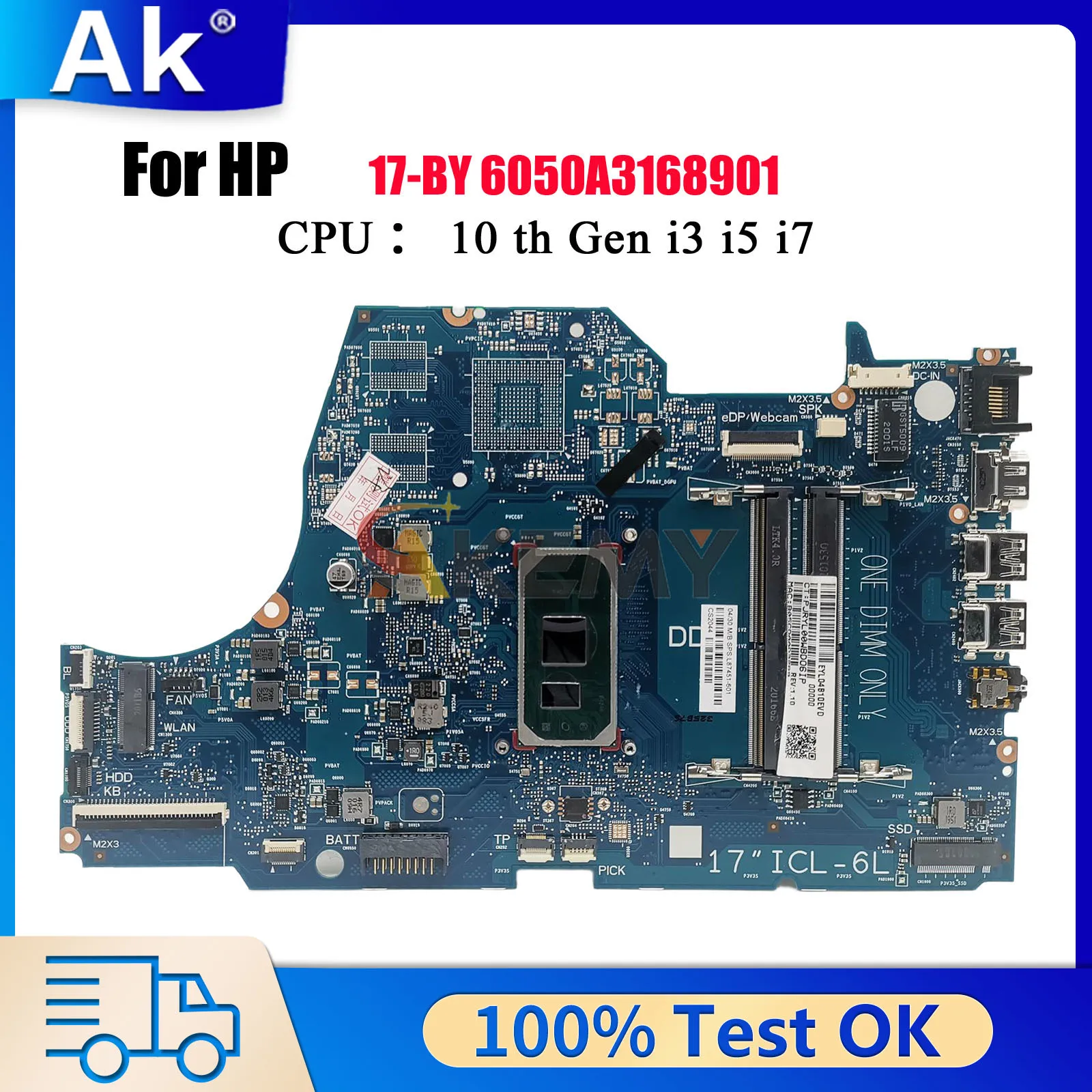 

6050A3168901 для ноутбука HP 17-BY 17T-BY, материнская плата с процессором i3 i5 i7 UMA DDR4 L87450-601 L87451-601, 100% полностью протестировано