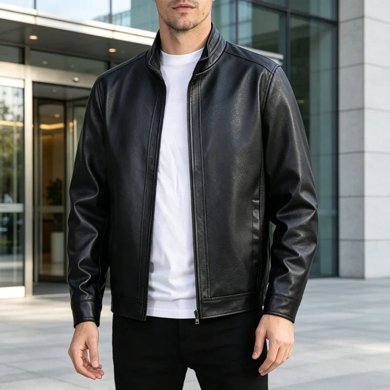 Business Blank PU Leather Jacket Men Stand Collar Slim Pu Leather Jackets Fashion Motorcycle Coat Men's Moto Biker Leather Coats