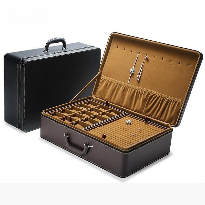 

Большая шкатулка для украшений, портативный органайзер для хранения ожерелий, колец, серег и браслетов, кожаные шкатулки для ювелирных изделий