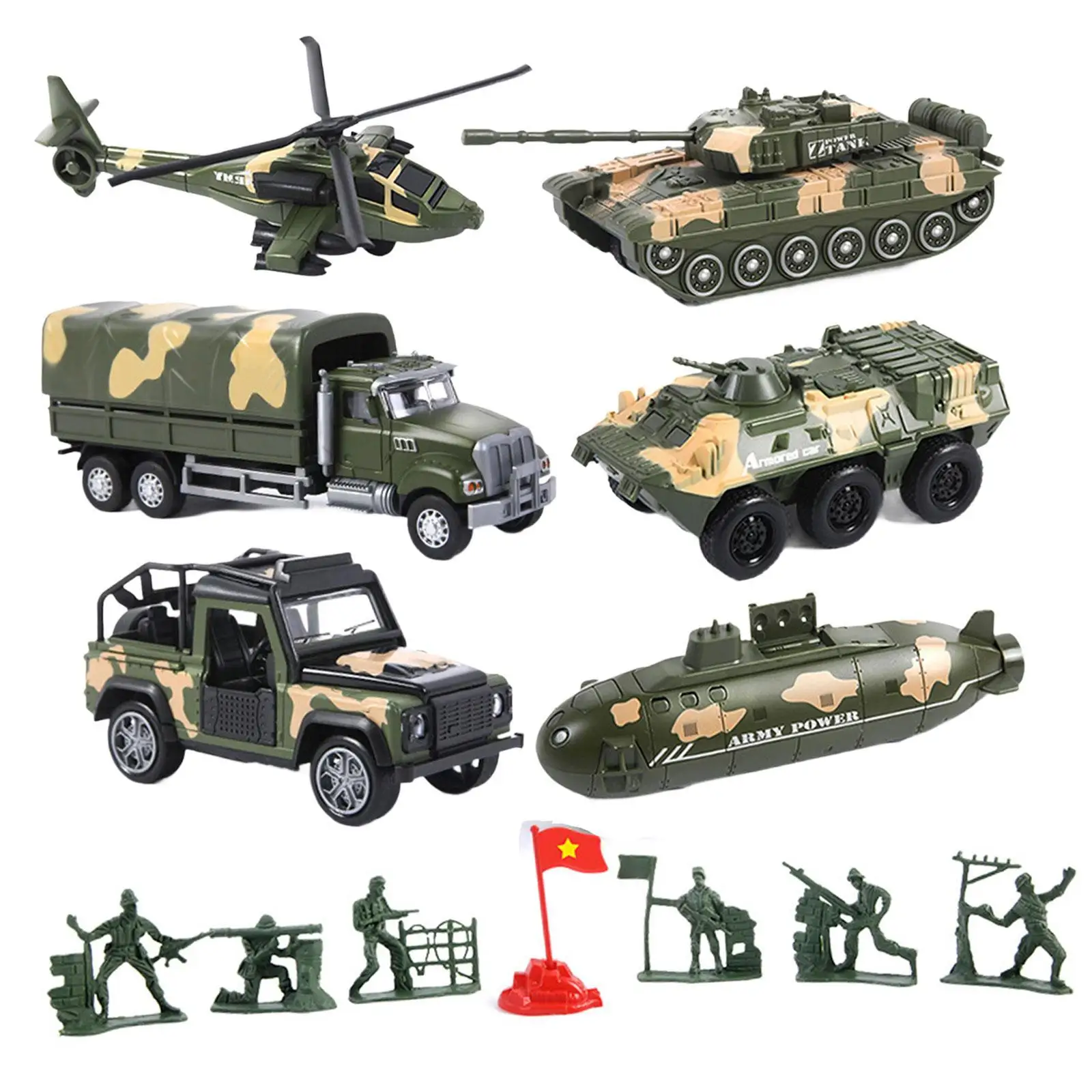 6Pcs Realistic Vehicle Car Set and 6 Men Figures Mini Army Toy Tank for Toddlers Girls Boys 3-7 Years Old Children Birthday Gift