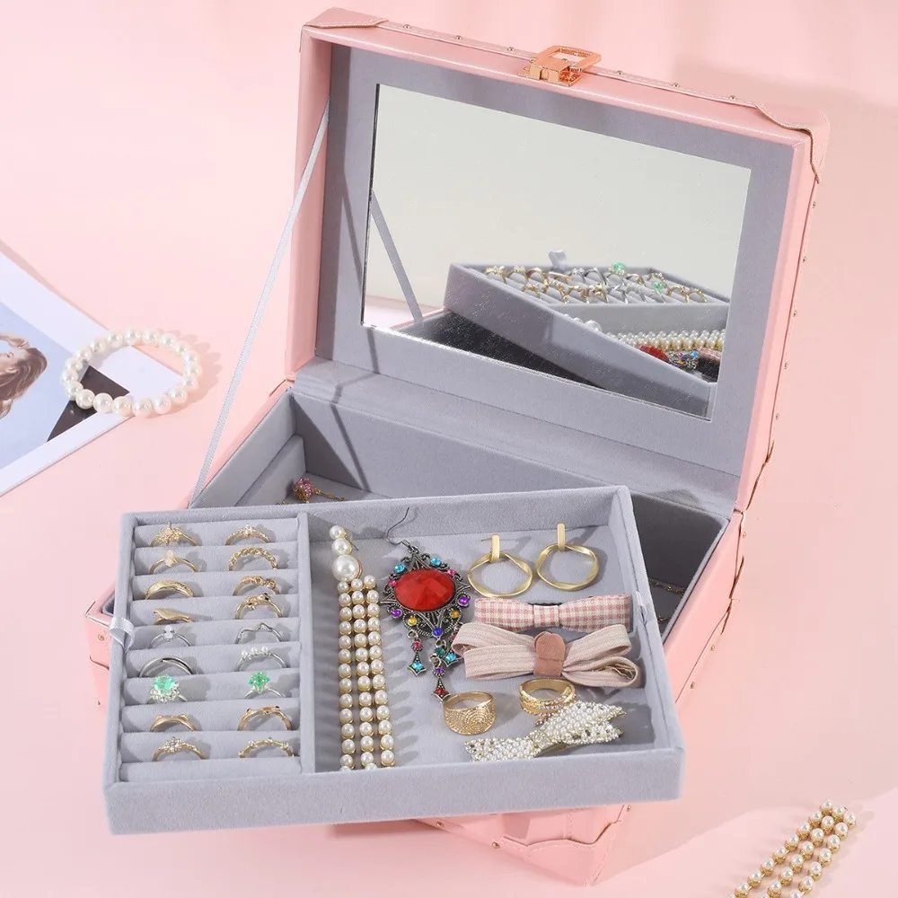 Double Layer Jewelry Packing Box Multi-function PU Leather Earring Storage Case Necklaces Bracelets Headdress Organizer
