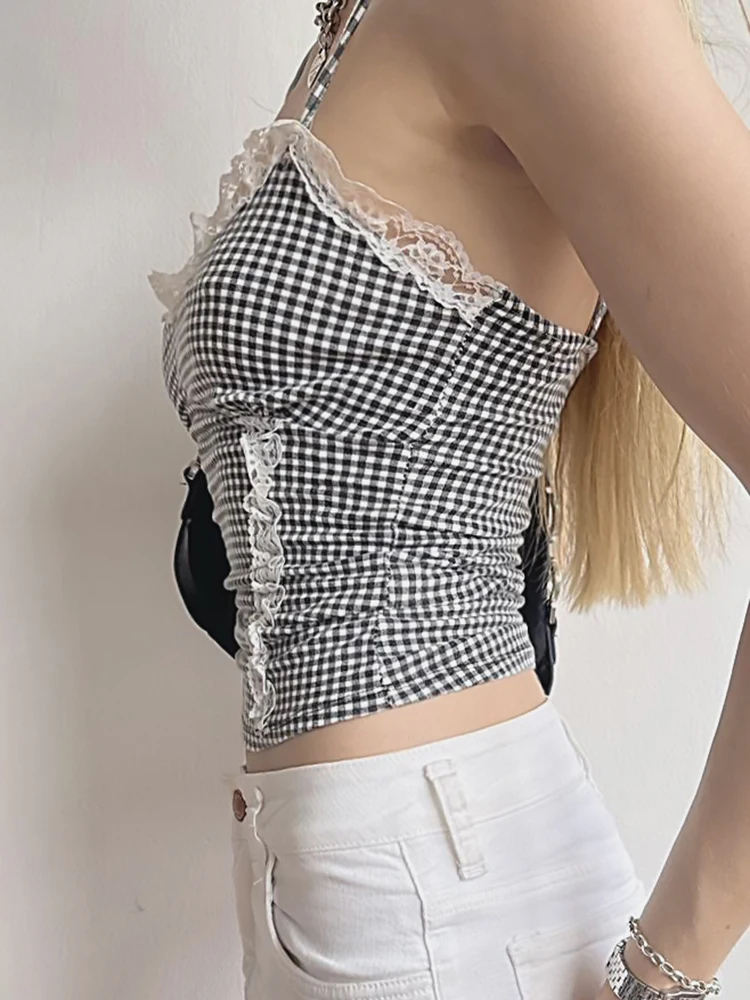 IAMSURE Sweet Patchwork Lace Trim Camis Top Sexy Slim Slash Neck Sleeveless Tank Tops Women 2024 Summer Fashion Streetwear Lady