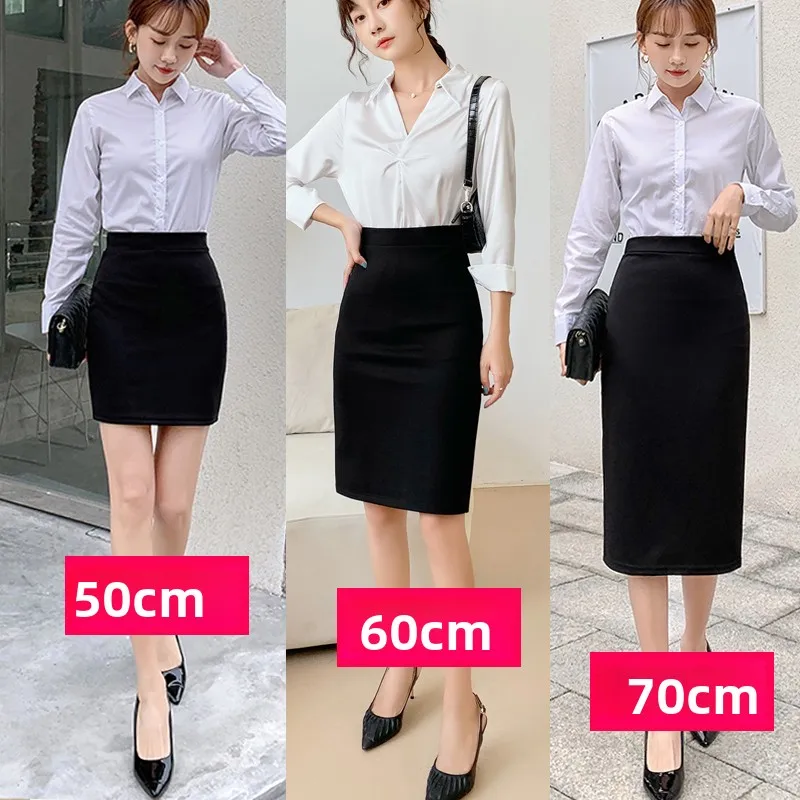 تنورة نسائية احترافية باللون الأزرق الداكن للربيع والخريف بخصر عالٍ متوسط ​​الطول على شكل حرف a محبوك بلون سادة تنورة مكتب عل...