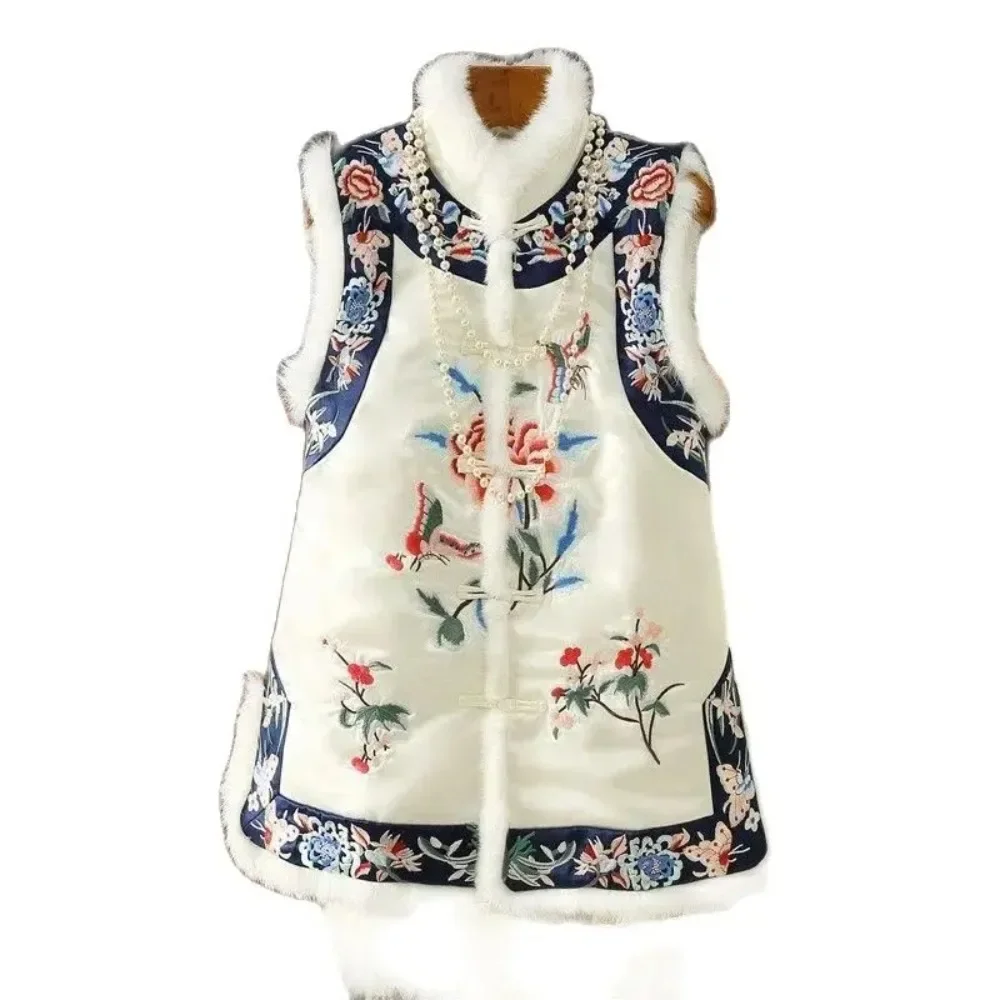 

Winter Clothes for Women Padded Quilted Vest Embroidered Cotton Jacket Chinese Imitation Fur Strim Cheongsam Vest Waistcoat 2025