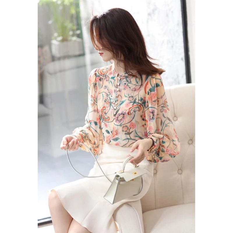 

Fashionable Socialite Simulation Silk Long Sleeved Chiffon Shirt for Women New Loose Plus Size Western-style Chiffon Shirt Top