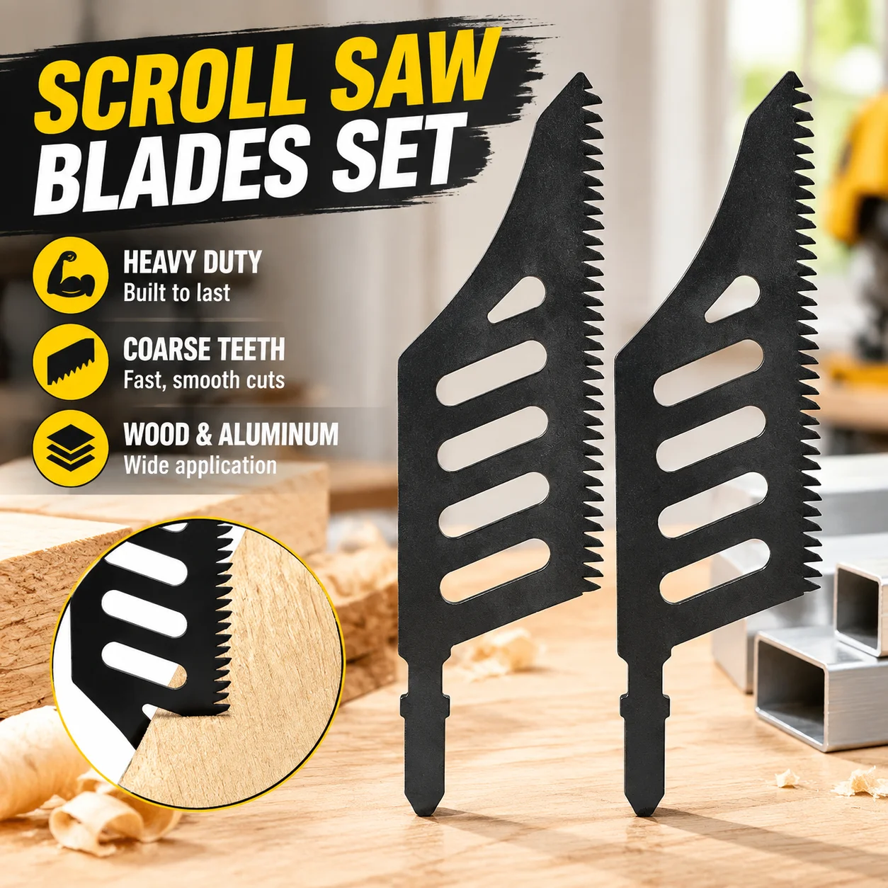 Scroll Saw Blades Set Heavy Duty Coarse Teeth Extra Long T-Shank for Wood Aluminum Cutting, Industrial Carbon Steel Universal