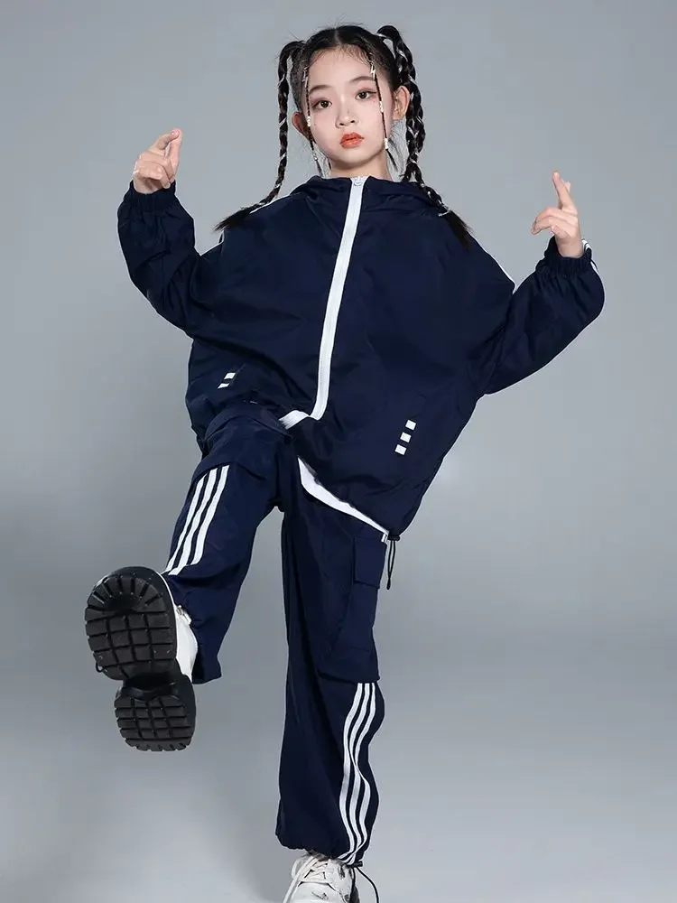 소년소녀 힙합 코스튬 스트리트 댄스 블루 스웨터 바지, 소녀 재즈 댄스 의상, 힙합 공연 세트 레이브 웨어