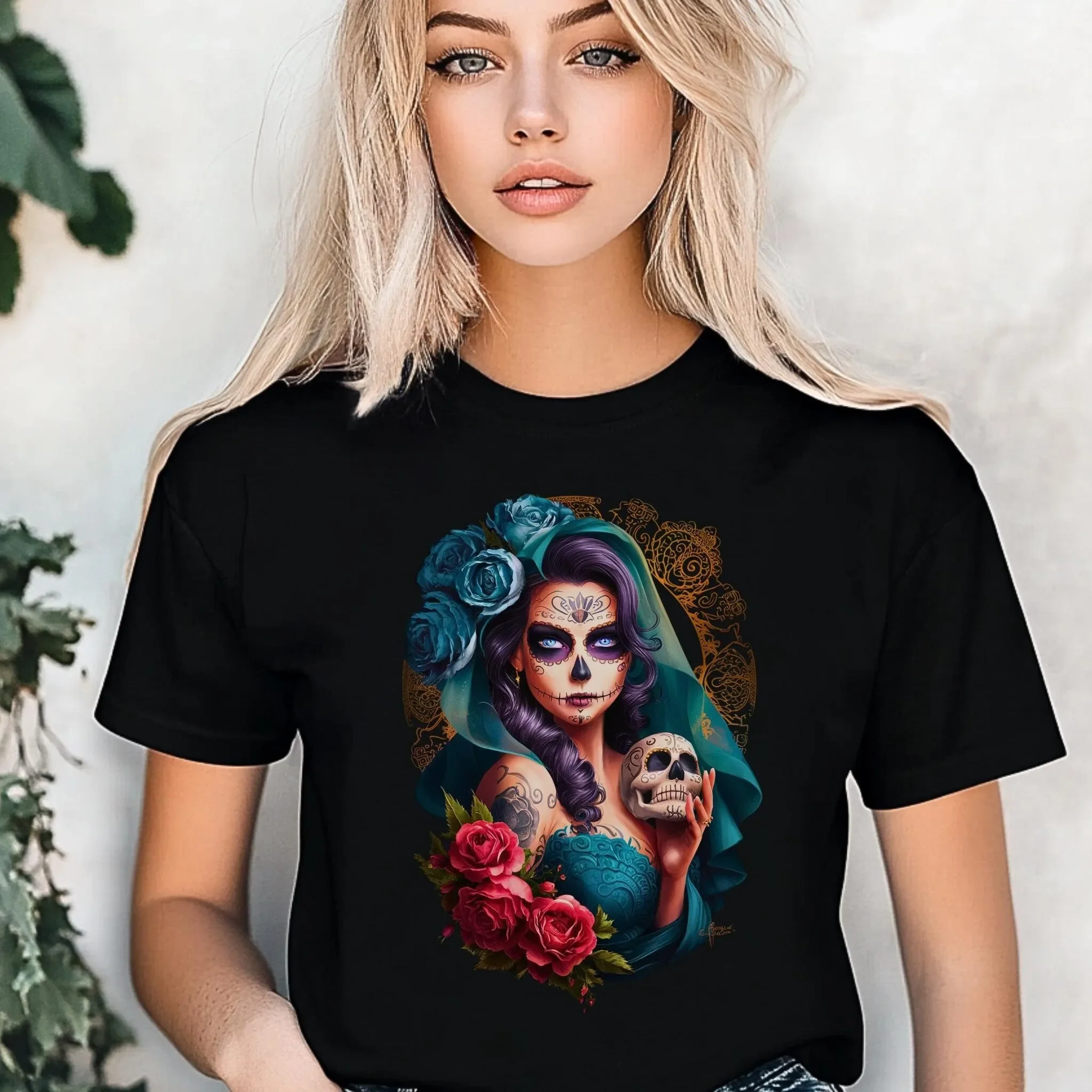 Santa Muerte T Shirt Gothic Sugar Skull Lady Mexican Folklore Elegant Tattoo Art Occult Dark Fashion Mystical Goddess Day
