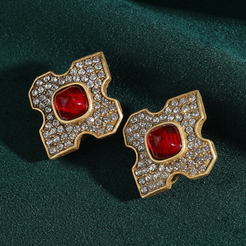 

Vintage Red Glaze Cross Earrings Woman Gold Color Rhinestone Retro Elegant Luxury Quality Jewelry Designer Gift Daily Formal New