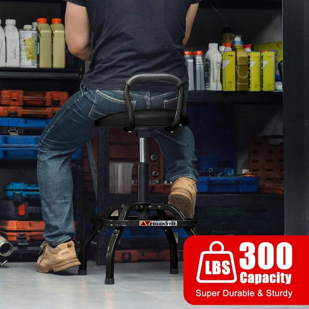 Adjustable Height Swivel Garage Stool with Backrest, Heavy Duty 300 LBS Capacity, Black for Home Workshop