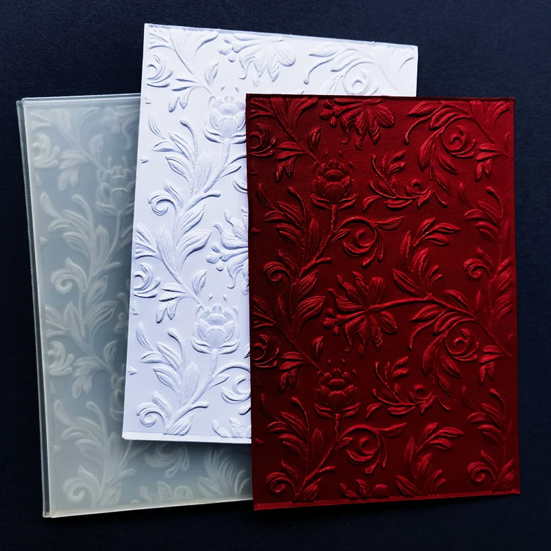 Geprägter 3D-Ordner aus Kunststoff, Hintergrunddesign von eleganten Blättern und Blumen, verwendet für DIY-Papiersteckbuch, Kartenherstellung, Fest