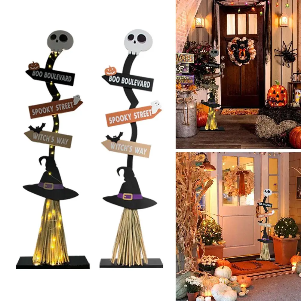 Halloween New Wooden Witch Broom Decoration Halloween Witch Porch Outdoor Decorative Indoor Yard Sign Decoration Glowing Sp W8N1