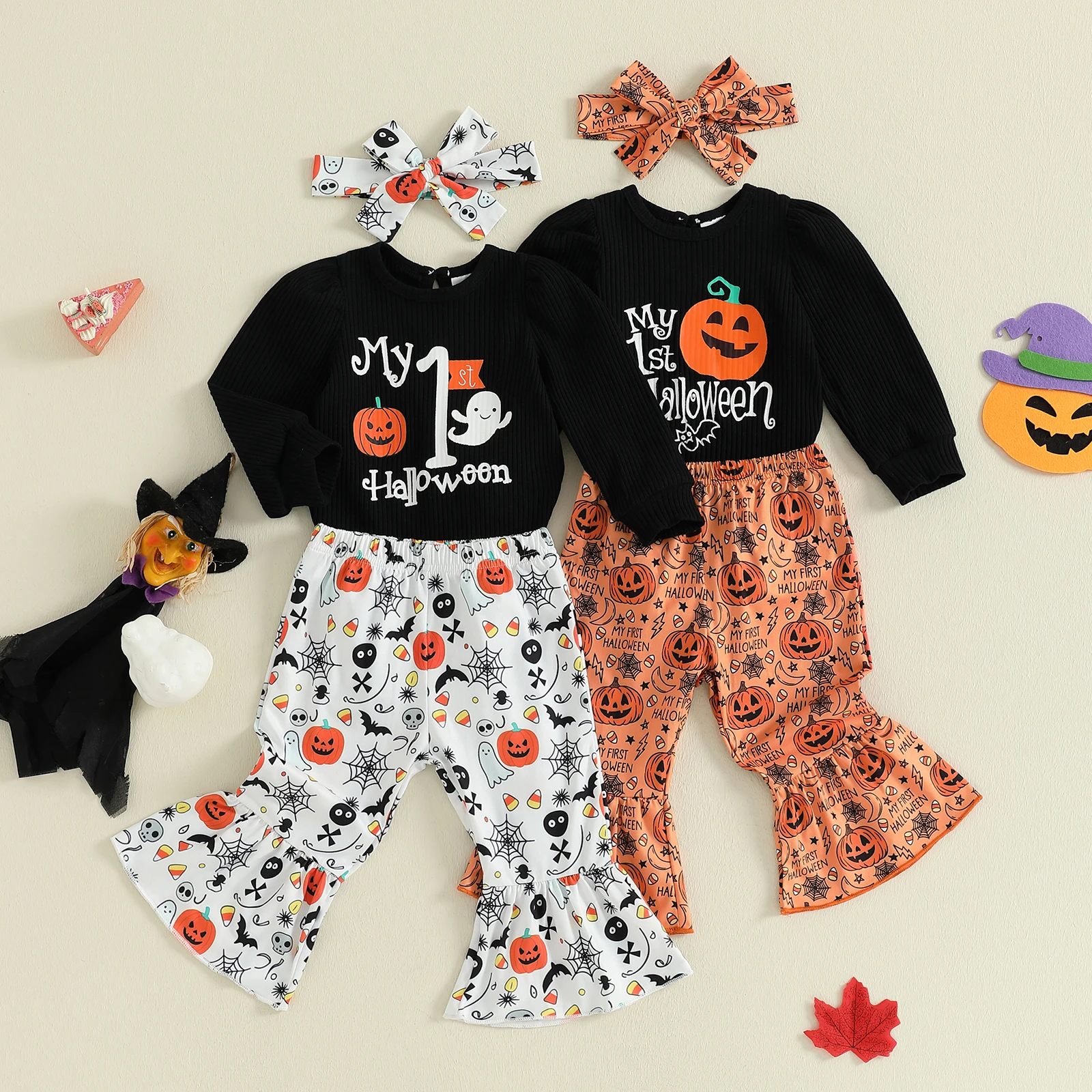 

3Pcs Baby Girl Halloween Outfits Long Sleeve Romper Bell Bottoms Headband Set Fall Clothes