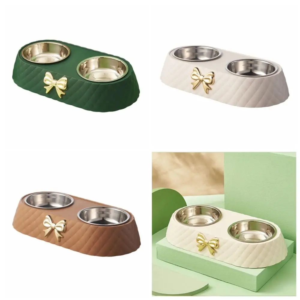 Cat Food Bowl PP Bow-tie Cat Feeder Stainless Steel Double Bowl  Dog Food Container Pet Accessories