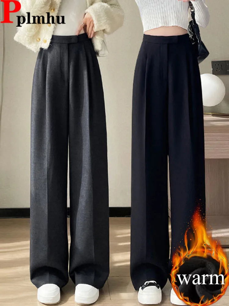 Winter Warm Woolen Office Formal Suit Pants Women Casual High Waist Velvet Lined Straight Pantalones Korean Ol Snow Wear Calca