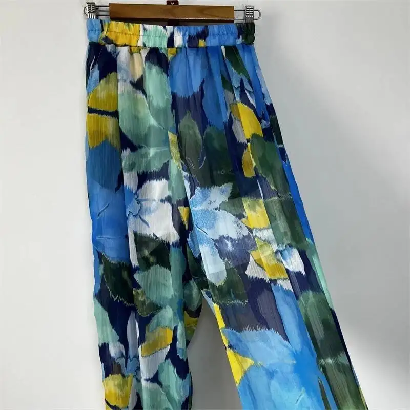 Art Printed Summer Cool Feeling Super Crinkled Chiffon Wide Leg Trousers Elastic Waist Loose Men's Casual Pants NSC4F