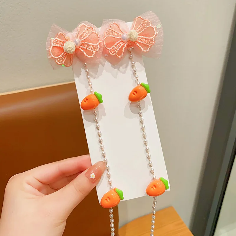 Colorful flowers children braided hair chain pearl tassel hairpin cute baby girl princess fruit braided hair accessories gift