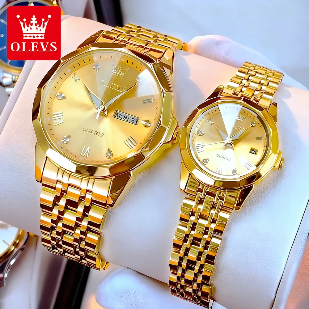 OLEVS ساعات الزوجين الذهبية الفاخرة الفولاذ المقاوم للصدأ الفولاذ المقاوم للصدأ الأصلي كوارتز ساعة اليد مقاوم للماء مضيئة تاريخ الأسبوع 9931cp #1