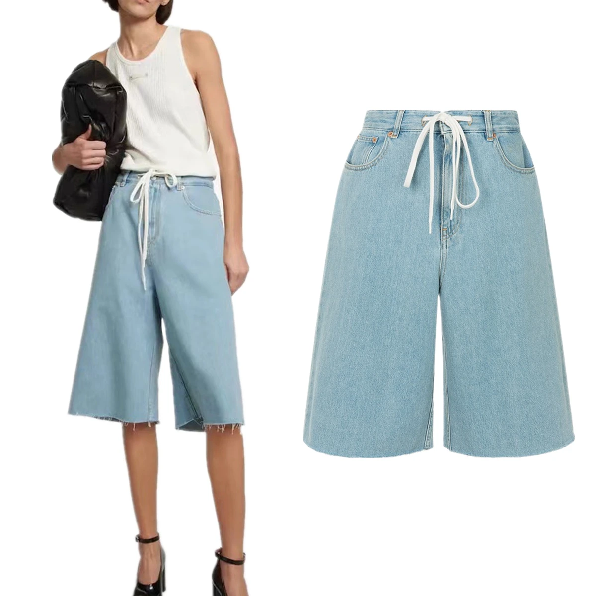 

Jenny&Dave Minimalist Women's Denim Shorts With Retro High Waist Blue Drawstring Wide Legs Bermuda Five Quarter Denim Shorts