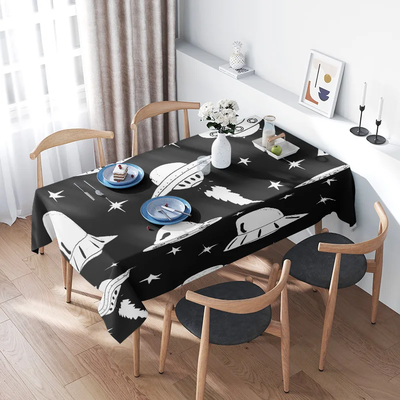 Black Spacecraft Pattern Tablecloth with Sturdy Wooden Chairs for Modern Dining Room Decoration 60x120cm