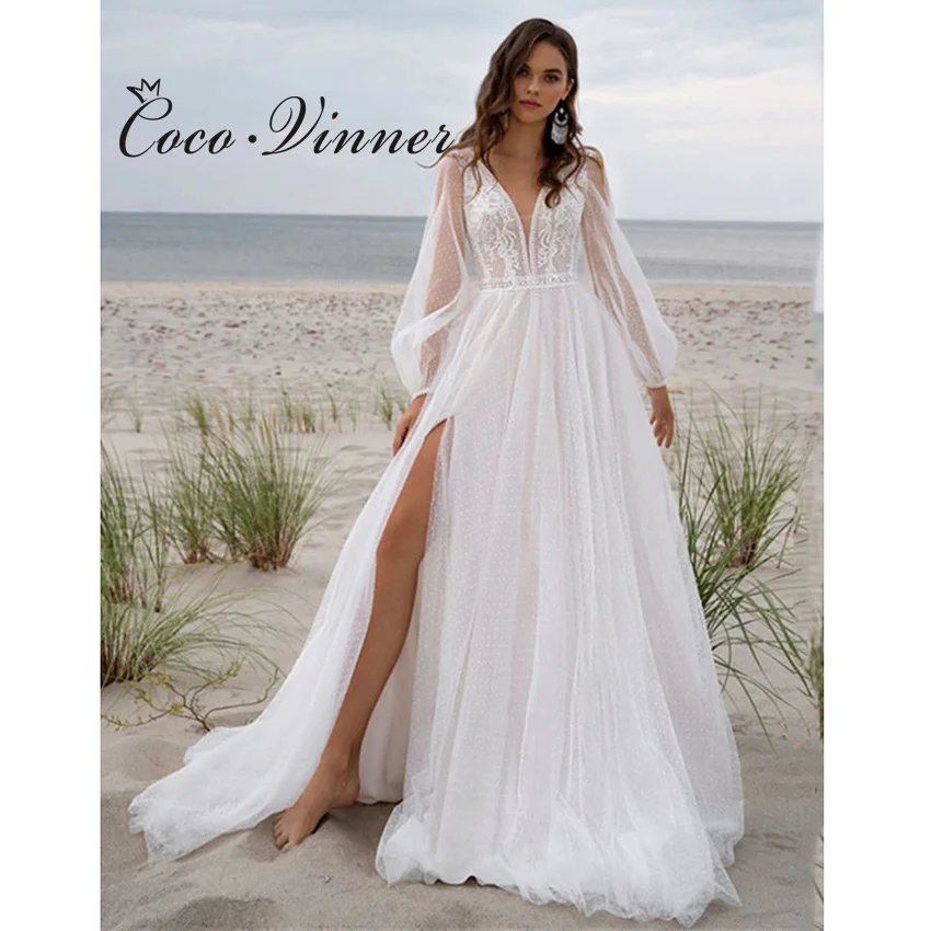 

Customized V neck Romantic Beach Wedding Dresses For Party Backless Side Slit Sexy Bohemian Bride Dress Woman W1218