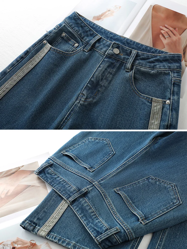 

Plus Size Retro Blue Wide Leg Jeans Women's Spring New Design Side Stripe Loose Slim Straight Pants High Waist Cotton Denim C...