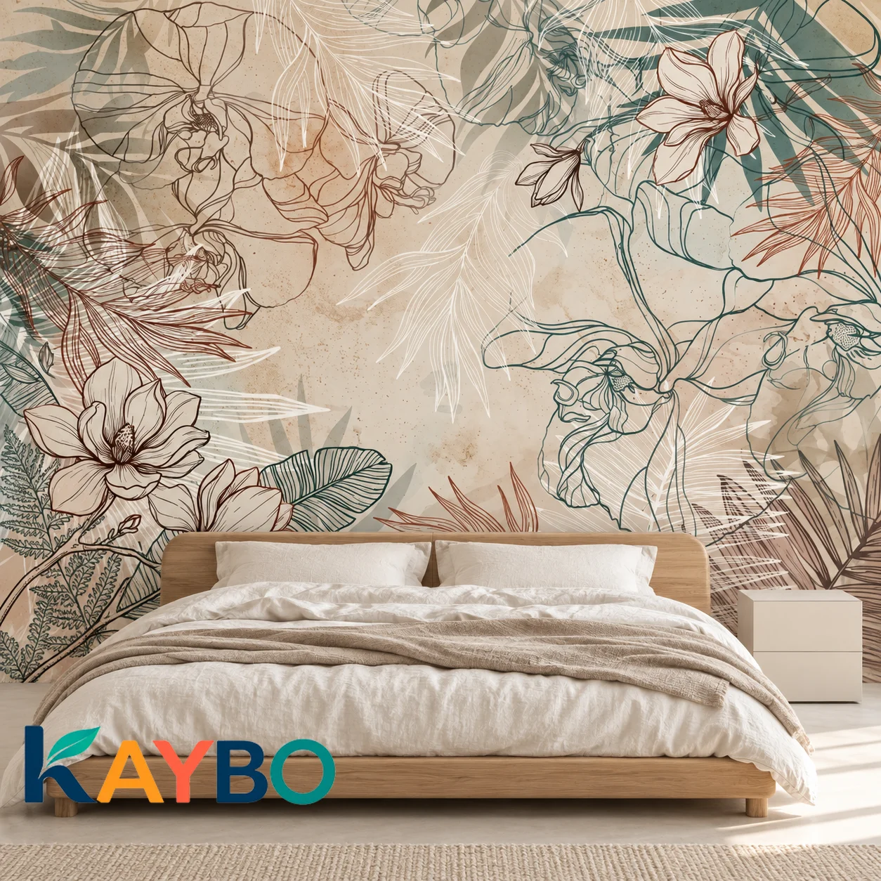 Floral Wallpaper Mural Botanical Line Art Beige and Teal Non Self Adhesive Modern Wall Decor for Bedroom Living Room Accent Wall