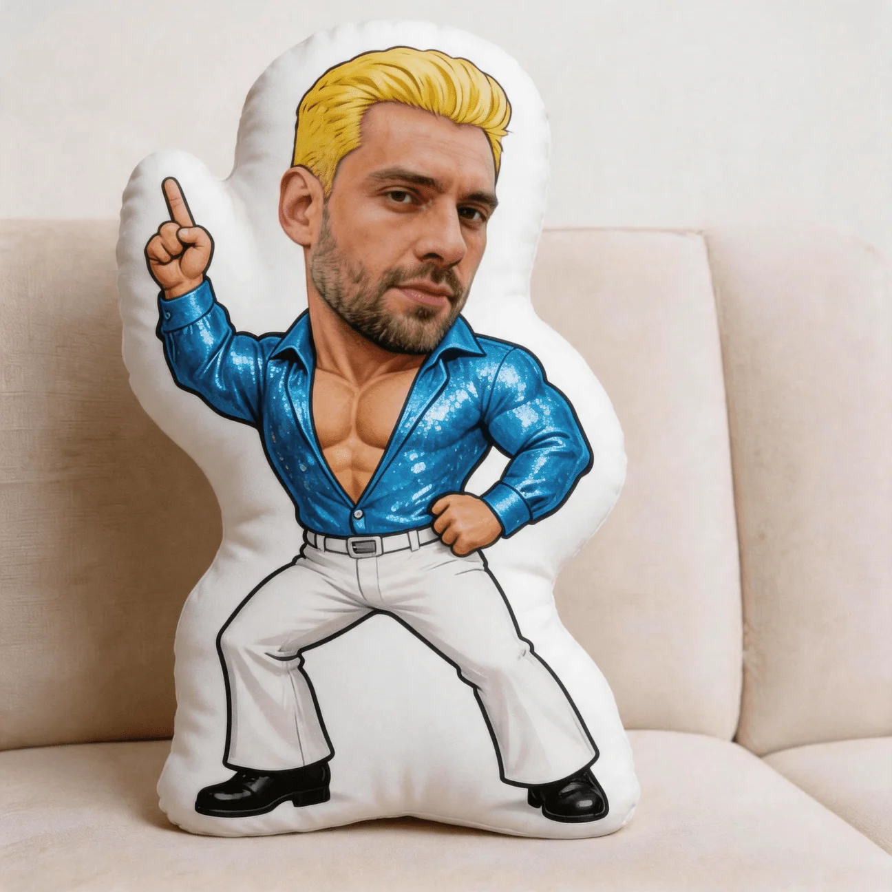 Custom Personalized Photo Face Pillow Blue Sparkly Shirt White Pants Character Shaped Decorative Cushion Double Sided Print Sofa